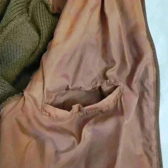 Vintage Leather & Knit Bomber Jacket 80s/90s Mixed Media Zip-Up Brown Retro M - Picture 4 of 13